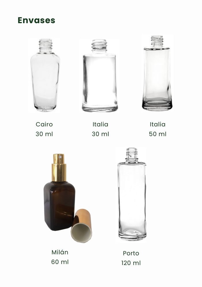Envases cosméticos medianos Cairo 30ml, Italia 30/50ml, Milán 60ml, Porto 120ml